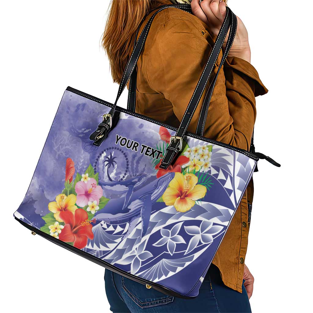 Personalised Chuuk States Humpback Whale Leather Tote Bag Polynesian Tropical Flowers