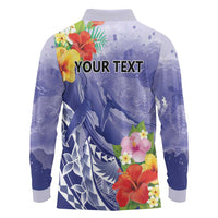 Personalised Chuuk States Humpback Whale Long Sleeve Polo Shirt Polynesian Tropical Flowers
