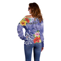 Personalised Chuuk States Humpback Whale Off Shoulder Sweater Polynesian Tropical Flowers