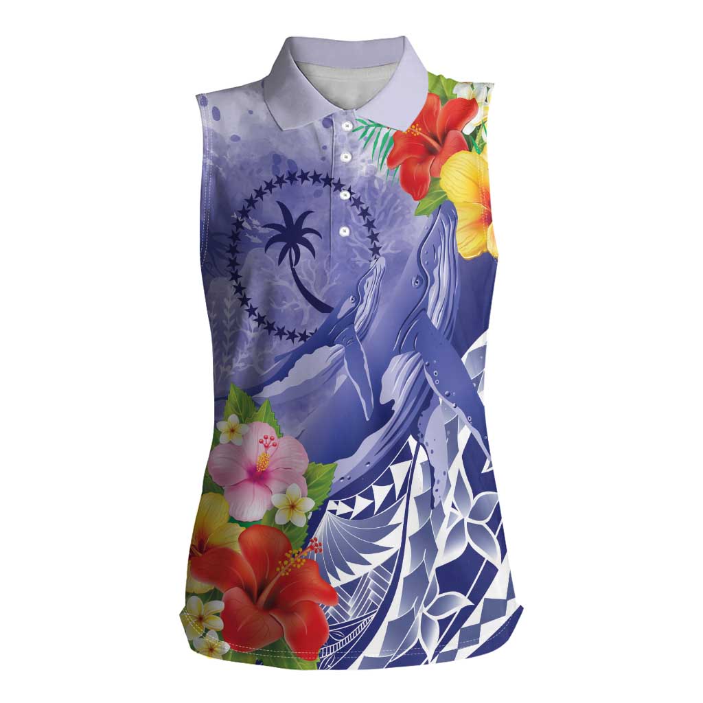 Personalised Chuuk States Humpback Whale Women Sleeveless Polo Shirt Polynesian Tropical Flowers