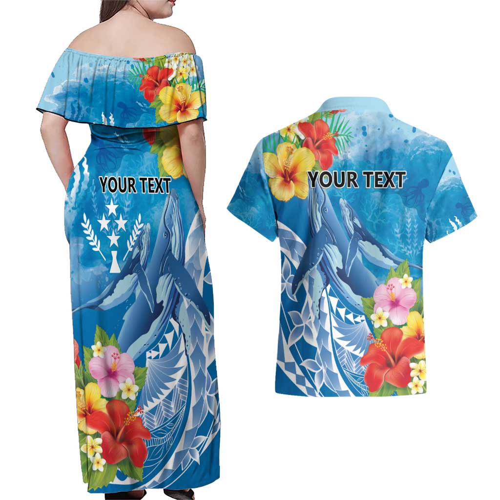 Personalised Kosrae States Humpback Whale Couples Matching Off Shoulder Maxi Dress and Hawaiian Shirt Polynesian Tropical Flowers