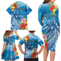 Personalised Kosrae States Humpback Whale Family Matching Long Sleeve Bodycon Dress and Hawaiian Shirt Polynesian Tropical Flowers