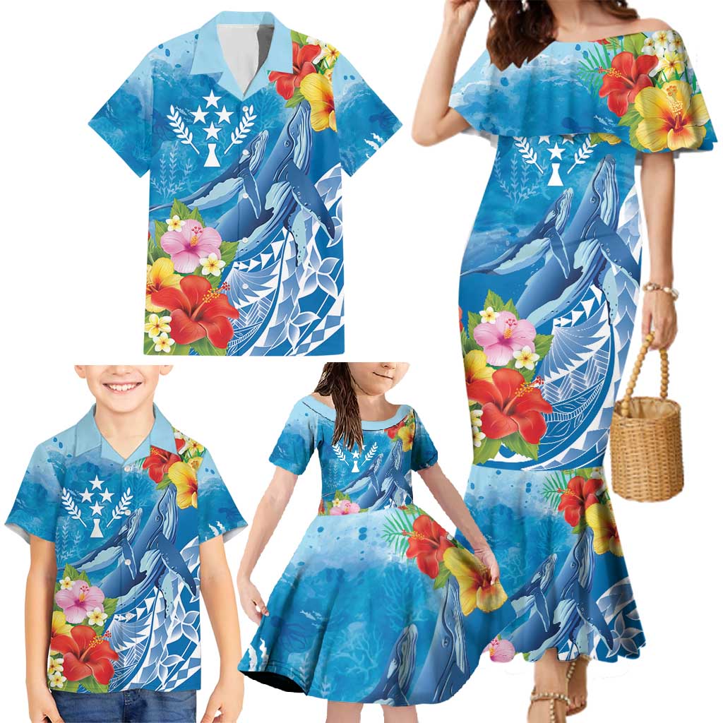 Personalised Kosrae States Humpback Whale Family Matching Mermaid Dress and Hawaiian Shirt Polynesian Tropical Flowers