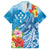 Personalised Kosrae States Humpback Whale Family Matching Off Shoulder Short Dress and Hawaiian Shirt Polynesian Tropical Flowers