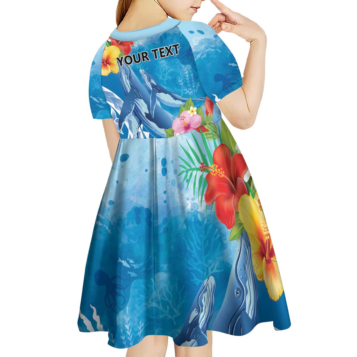 Personalised Kosrae States Humpback Whale Kid Short Sleeve Dress Polynesian Tropical Flowers