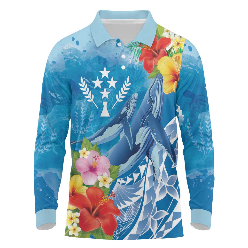 Personalised Kosrae States Humpback Whale Long Sleeve Polo Shirt Polynesian Tropical Flowers