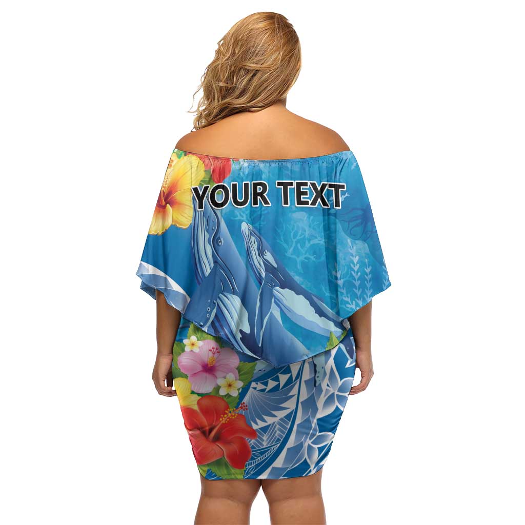 Personalised Kosrae States Humpback Whale Off Shoulder Short Dress Polynesian Tropical Flowers