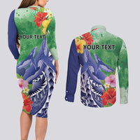 Personalised Pohnpei States Humpback Whale Couples Matching Long Sleeve Bodycon Dress and Long Sleeve Button Shirt Polynesian Tropical Flowers