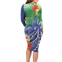 Personalised Pohnpei States Humpback Whale Family Matching Long Sleeve Bodycon Dress and Hawaiian Shirt Polynesian Tropical Flowers