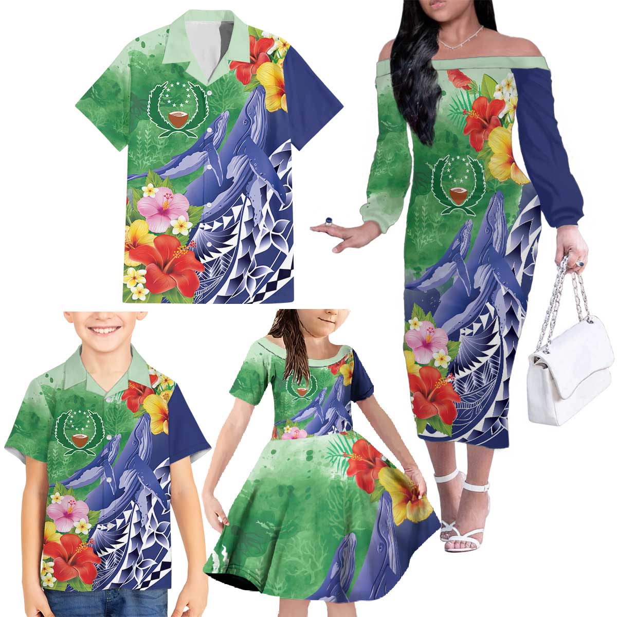 Personalised Pohnpei States Humpback Whale Family Matching Off The Shoulder Long Sleeve Dress and Hawaiian Shirt Polynesian Tropical Flowers