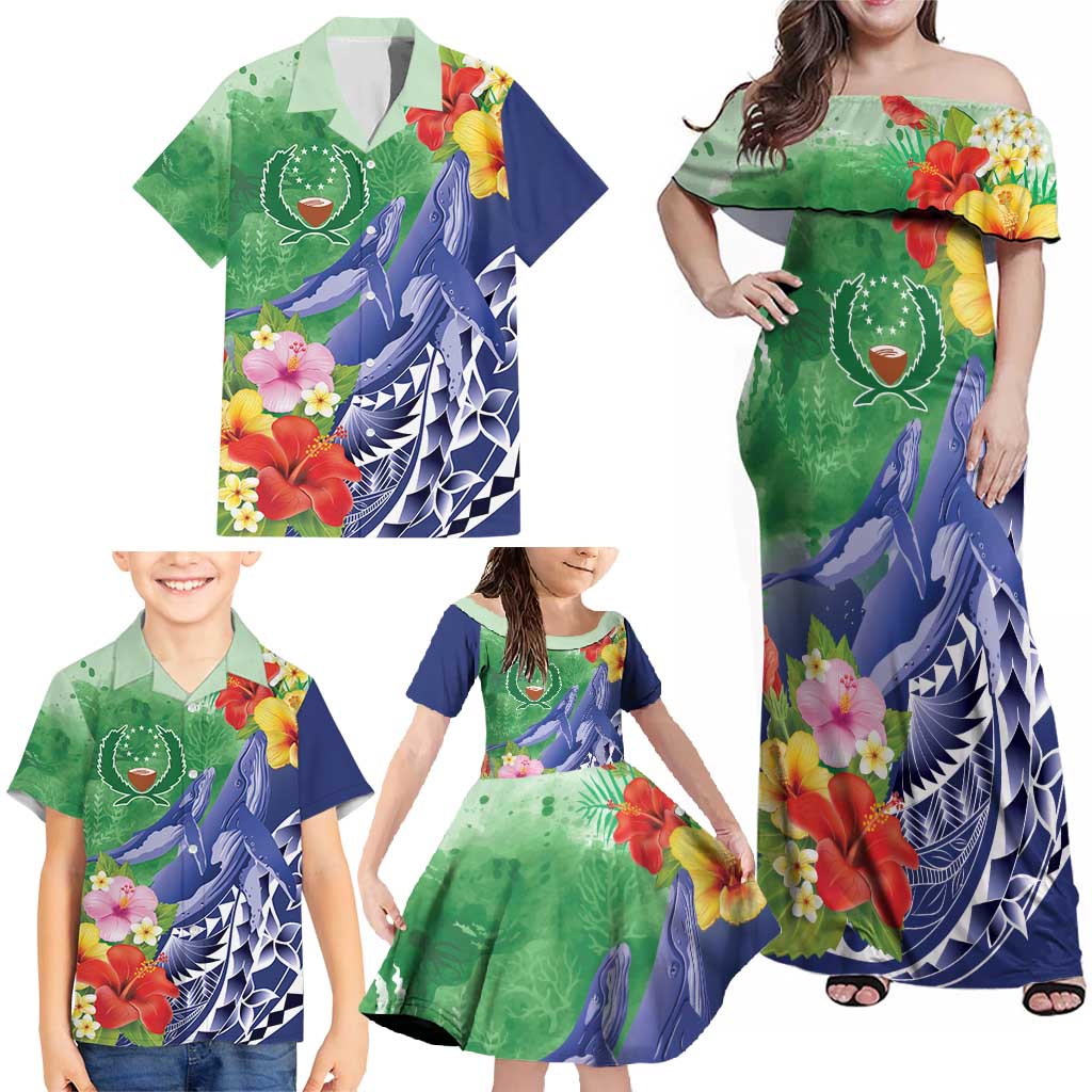 Personalised Pohnpei States Humpback Whale Family Matching Off Shoulder Maxi Dress and Hawaiian Shirt Polynesian Tropical Flowers