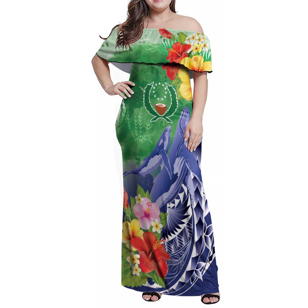 Personalised Pohnpei States Humpback Whale Family Matching Off Shoulder Maxi Dress and Hawaiian Shirt Polynesian Tropical Flowers
