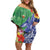 Personalised Pohnpei States Humpback Whale Family Matching Off Shoulder Short Dress and Hawaiian Shirt Polynesian Tropical Flowers