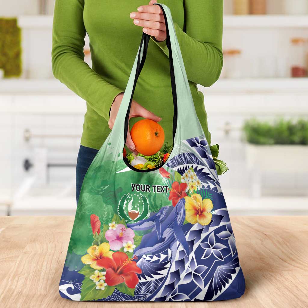 Personalised Pohnpei States Humpback Whale Grocery Bag Polynesian Tropical Flowers