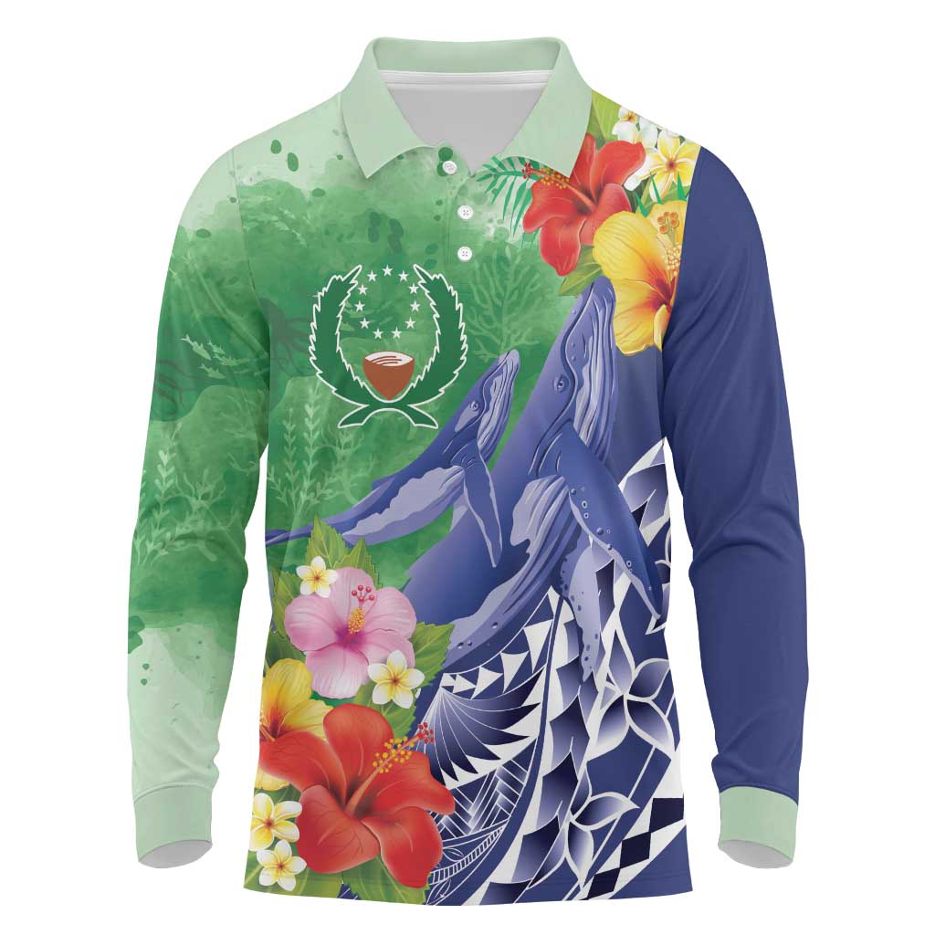 Personalised Pohnpei States Humpback Whale Long Sleeve Polo Shirt Polynesian Tropical Flowers