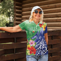 Personalised Pohnpei States Humpback Whale Women Polo Shirt Polynesian Tropical Flowers