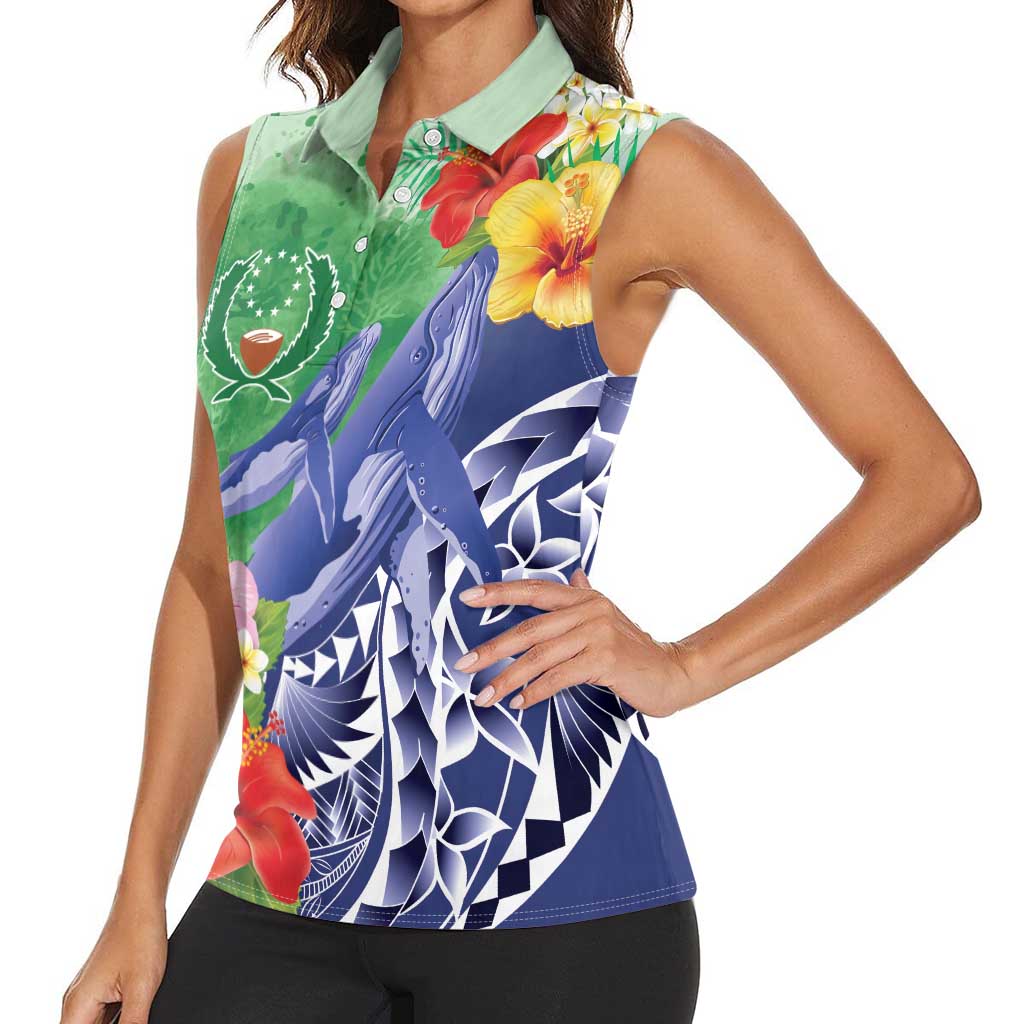 Personalised Pohnpei States Humpback Whale Women Sleeveless Polo Shirt Polynesian Tropical Flowers