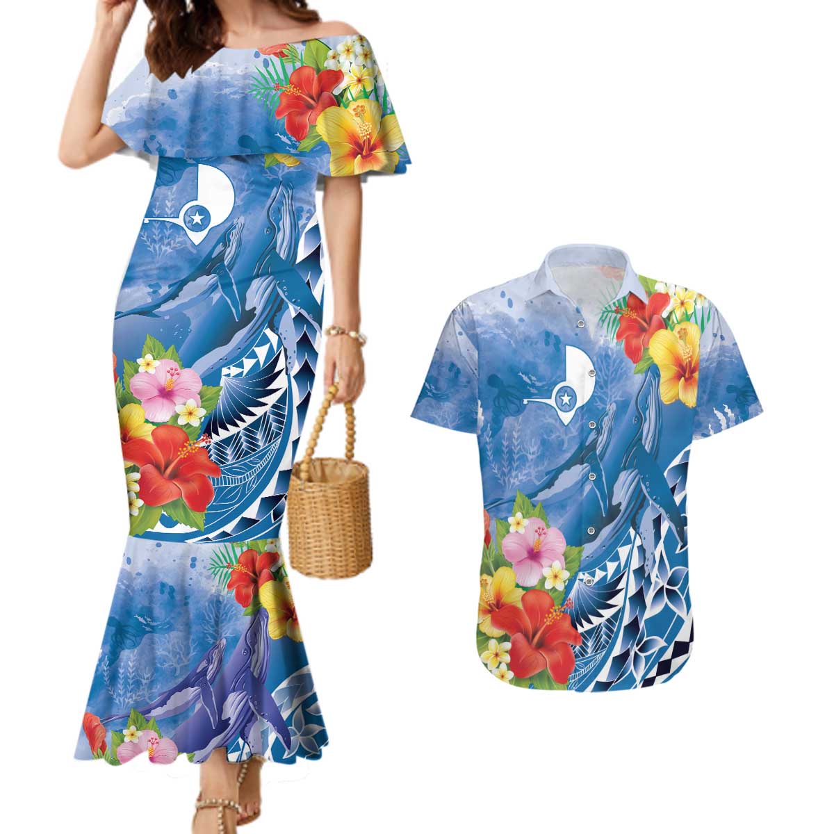 Personalised Yap States Humpback Whale Couples Matching Mermaid Dress and Hawaiian Shirt Polynesian Tropical Flowers