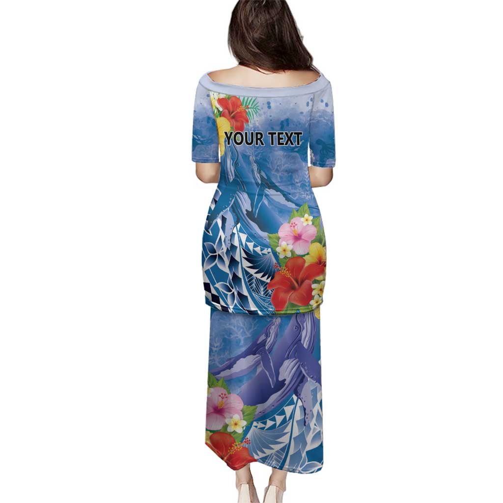 Personalised Yap States Humpback Whale Family Matching Puletasi and Hawaiian Shirt Polynesian Tropical Flowers