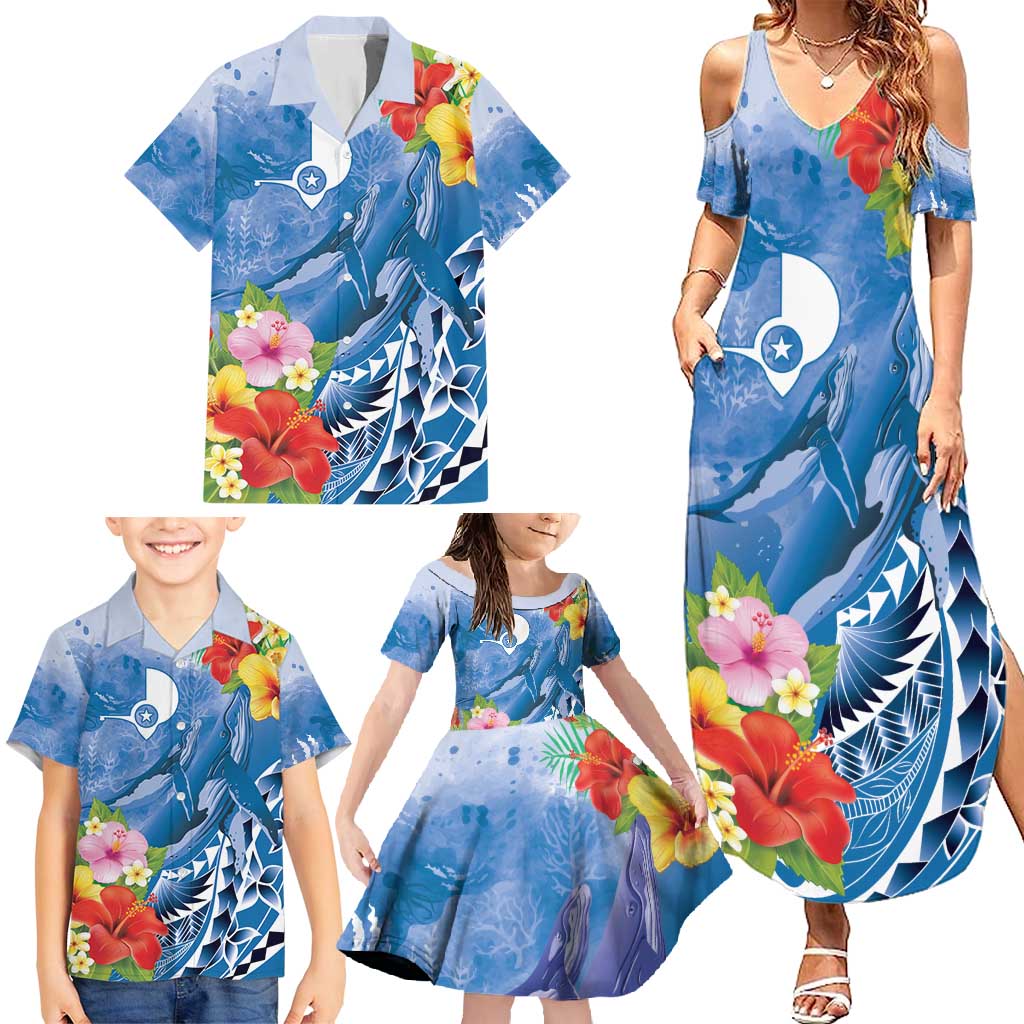 Personalised Yap States Humpback Whale Family Matching Summer Maxi Dress and Hawaiian Shirt Polynesian Tropical Flowers