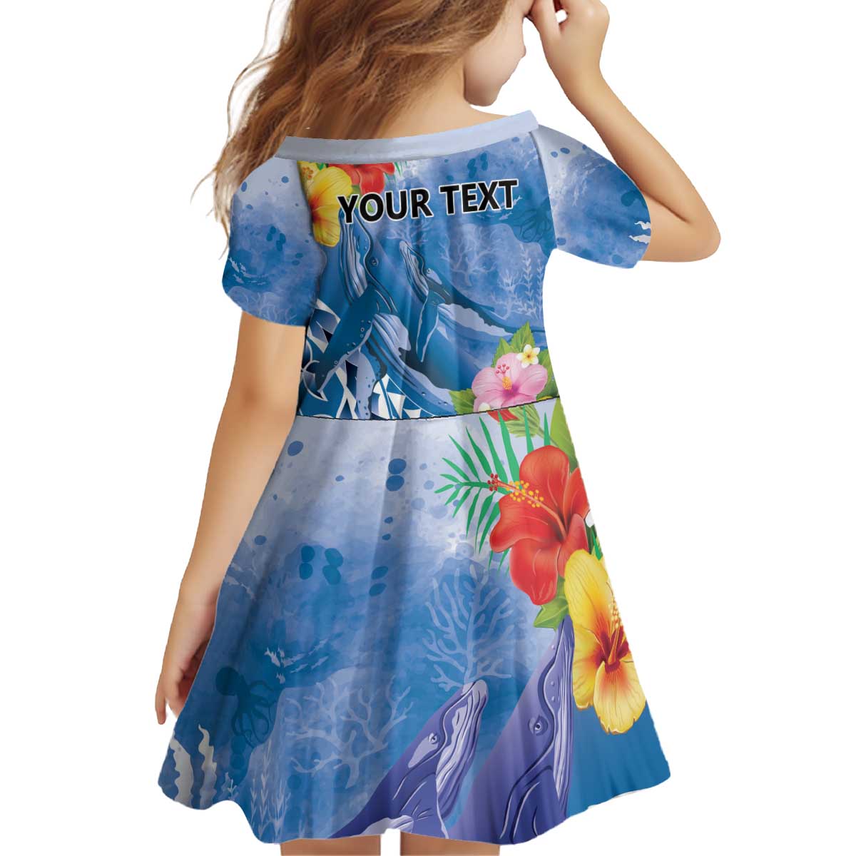 Personalised Yap States Humpback Whale Kid Short Sleeve Dress Polynesian Tropical Flowers