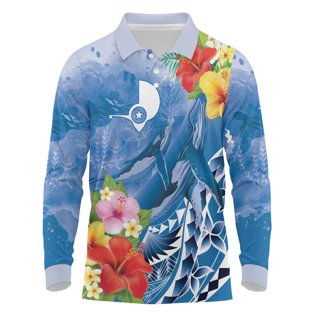 Personalised Yap States Humpback Whale Long Sleeve Polo Shirt Polynesian Tropical Flowers