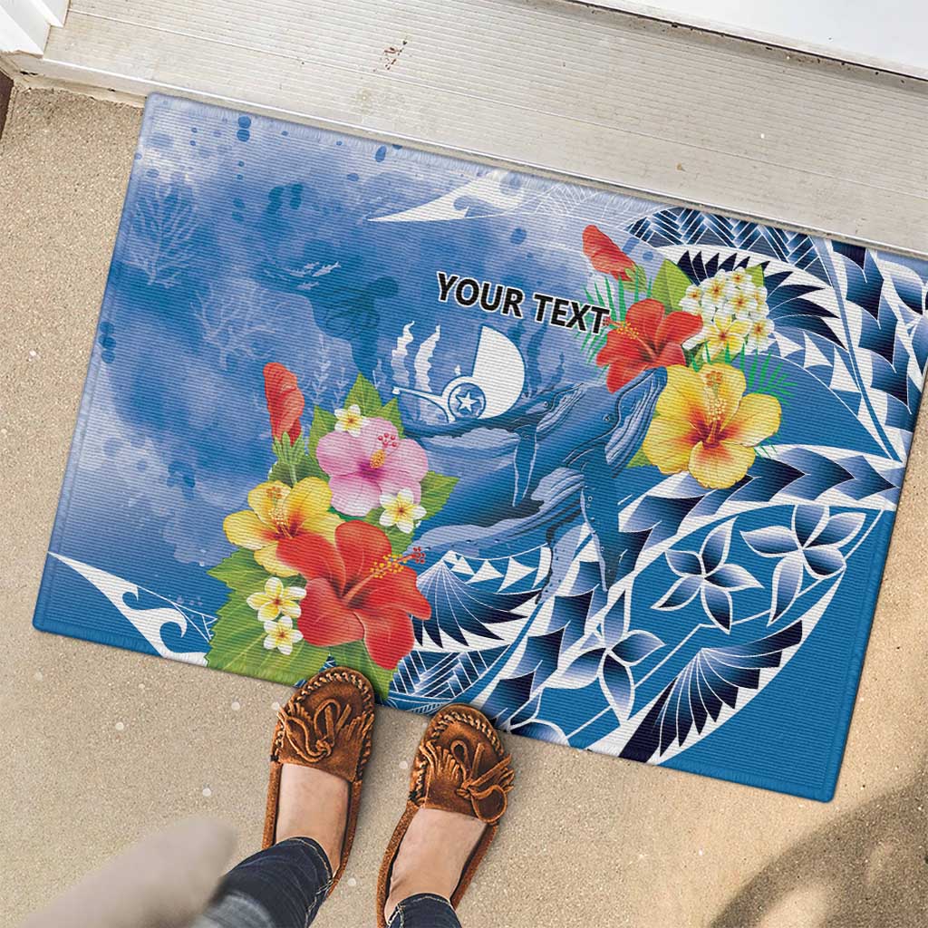 Personalised Yap States Humpback Whale Rubber Doormat Polynesian Tropical Flowers