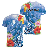 Personalised Yap States Humpback Whale Women V-Neck T-Shirt Polynesian Tropical Flowers