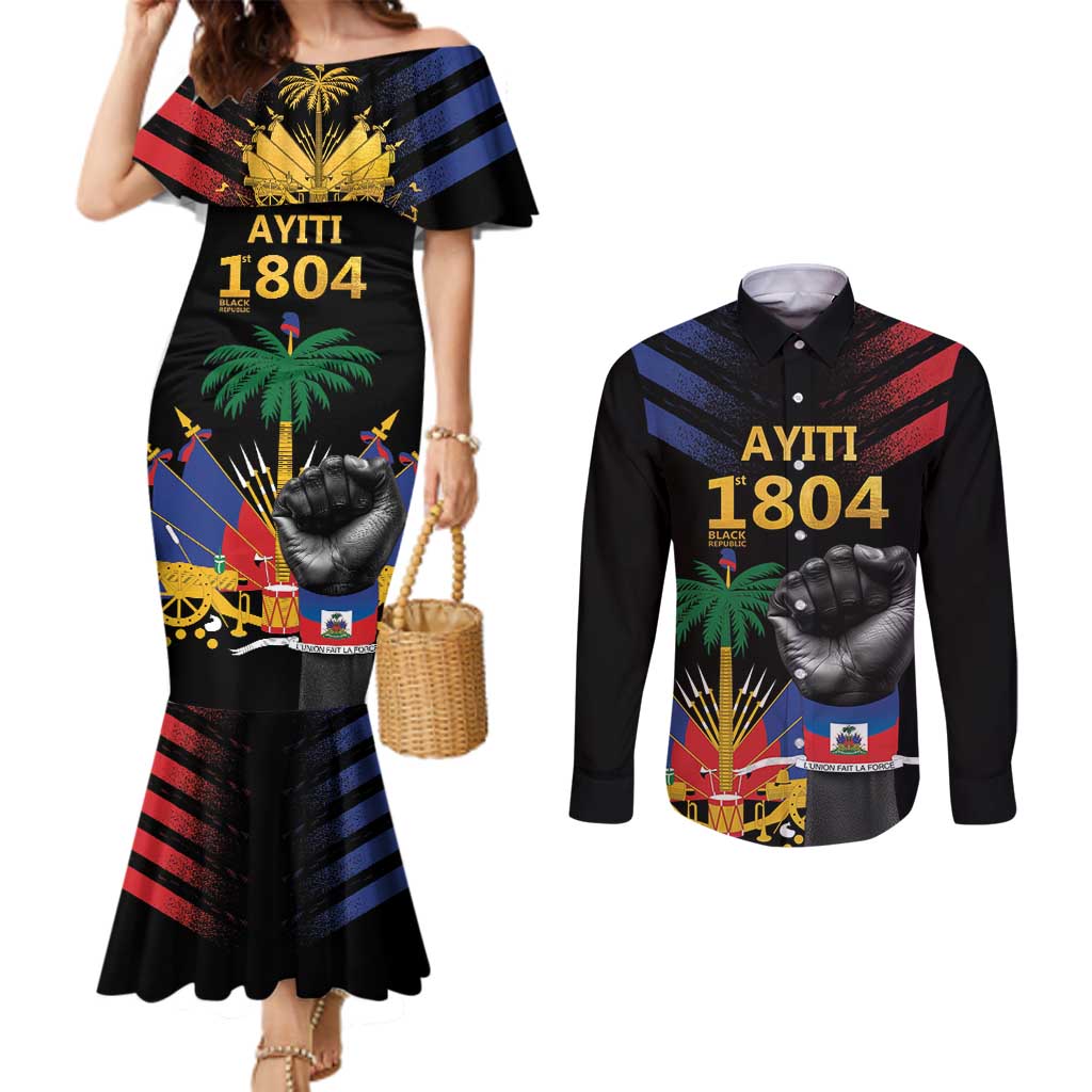 Haiti Independence Day Couples Matching Mermaid Dress and Long Sleeve Button Shirt The First Black Republic Since 1804 LT9 Blakc - Polynesian Pride