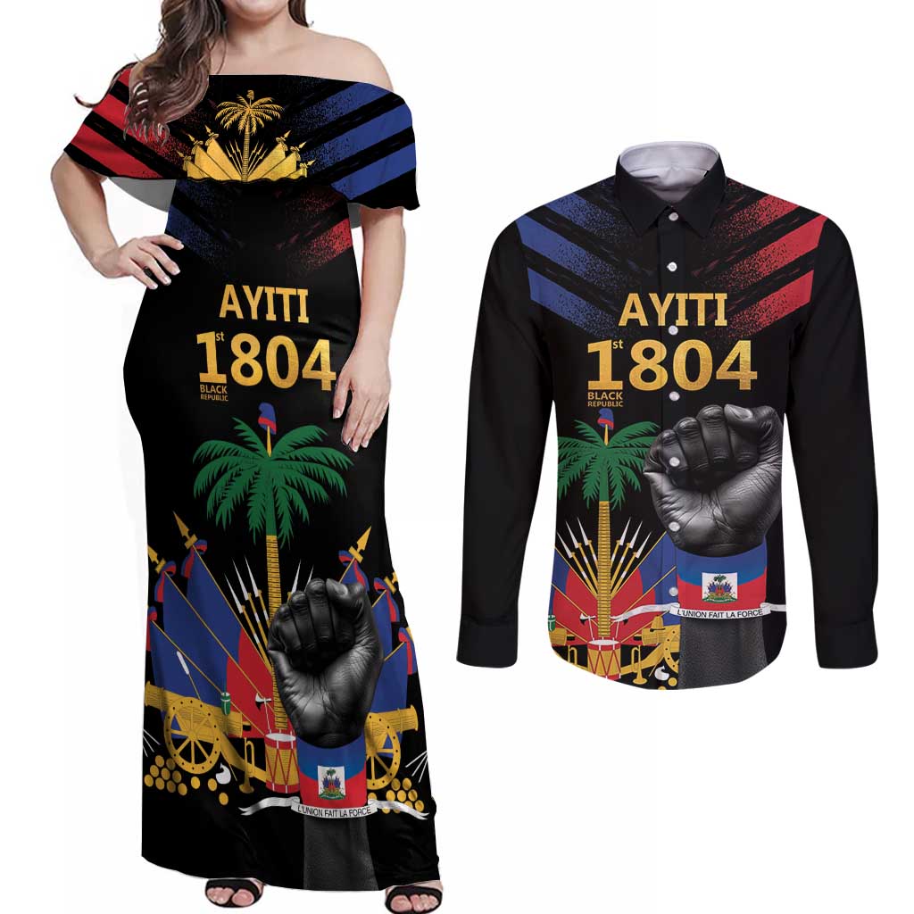 Haiti Independence Day Couples Matching Off Shoulder Maxi Dress and Long Sleeve Button Shirt The First Black Republic Since 1804 LT9 Blakc - Polynesian Pride