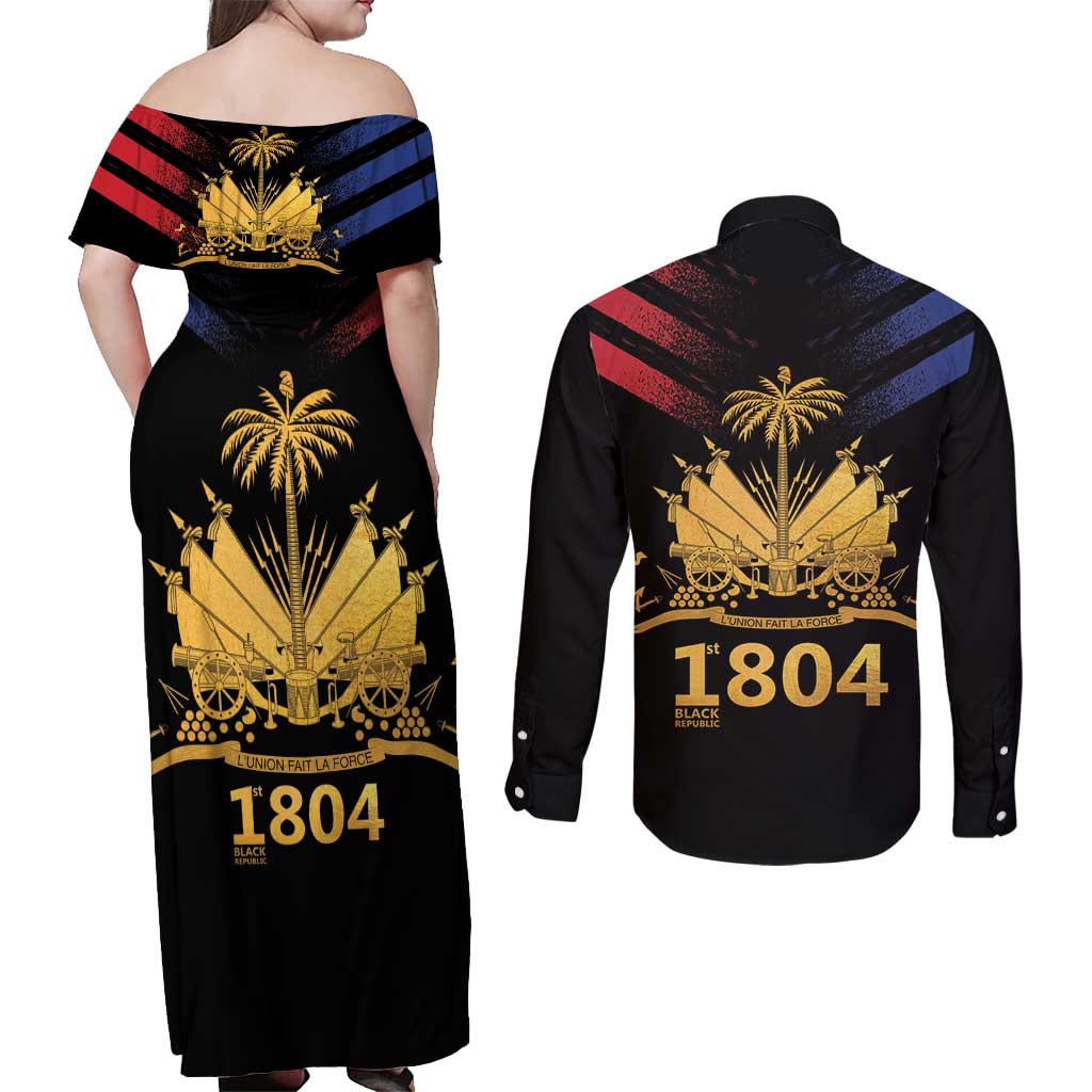 Haiti Independence Day Couples Matching Off Shoulder Maxi Dress and Long Sleeve Button Shirt The First Black Republic Since 1804 LT9 - Polynesian Pride