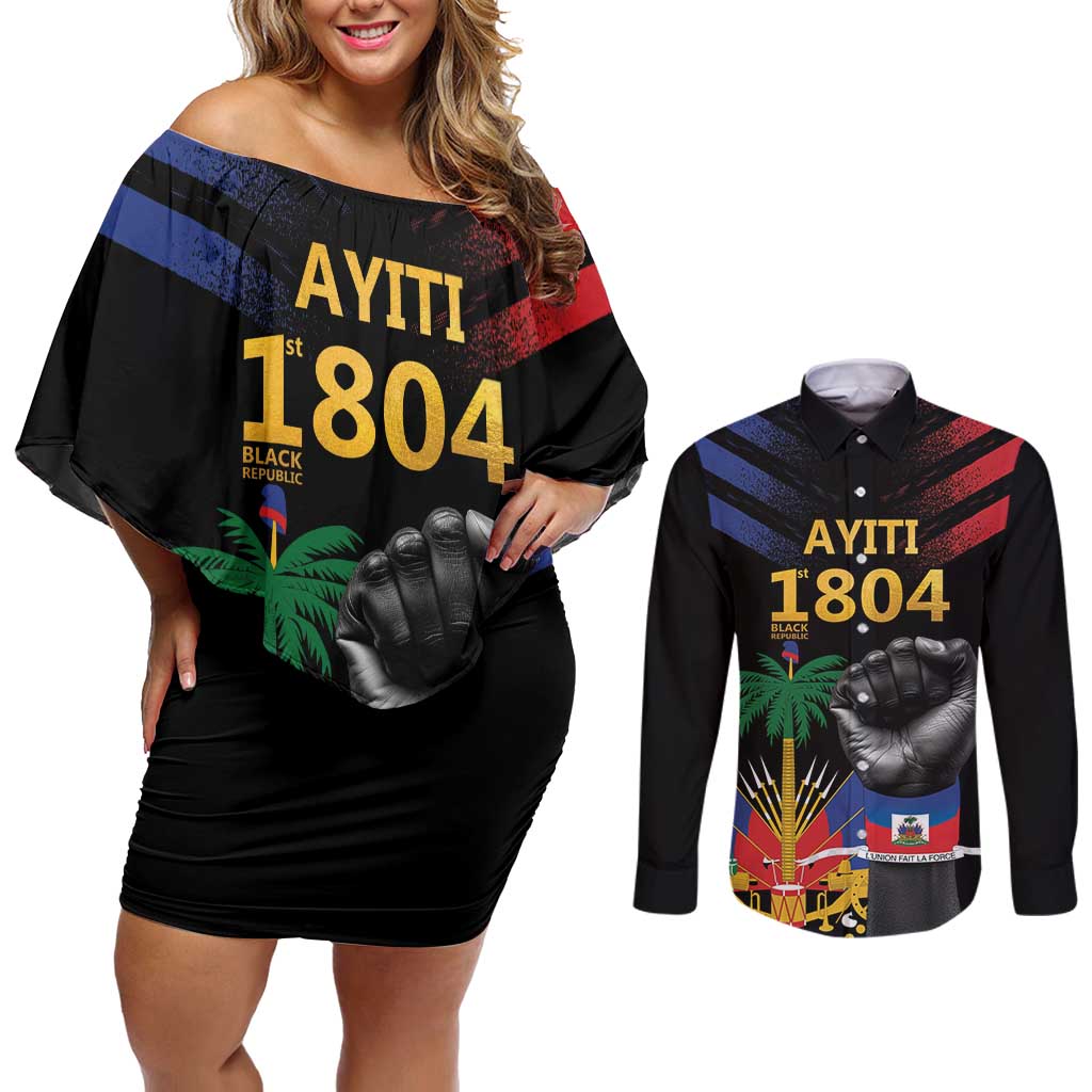 Haiti Independence Day Couples Matching Off Shoulder Short Dress and Long Sleeve Button Shirt The First Black Republic Since 1804 LT9 Blakc - Polynesian Pride