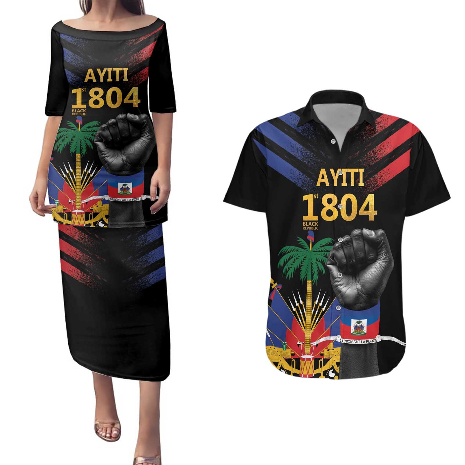 Haiti Independence Day Couples Matching Puletasi and Hawaiian Shirt The First Black Republic Since 1804 LT9 Blakc - Polynesian Pride