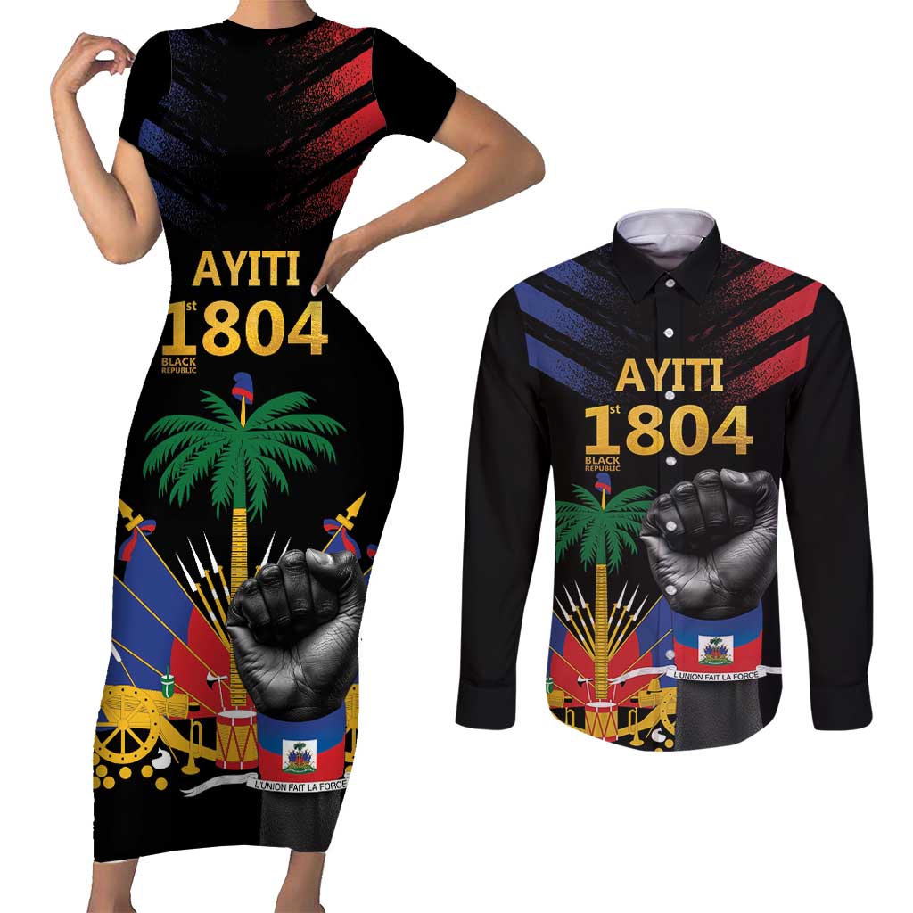 Haiti Independence Day Couples Matching Short Sleeve Bodycon Dress and Long Sleeve Button Shirt The First Black Republic Since 1804 LT9 Blakc - Polynesian Pride