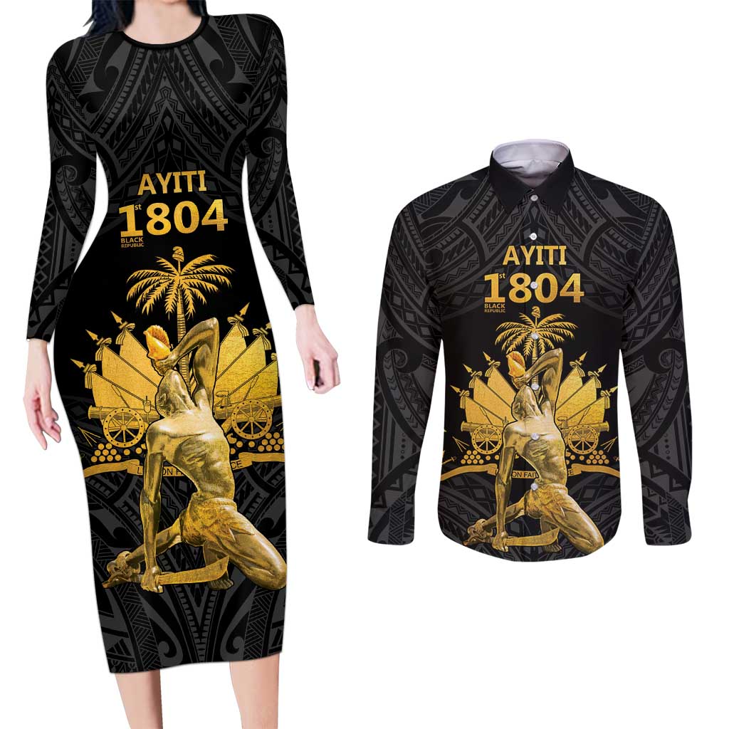 Haitian Negre Marron 1804 Couples Matching Long Sleeve Bodycon Dress and Long Sleeve Button Shirt Black Polynesian Pattern LT9 Black - Polynesian Pride