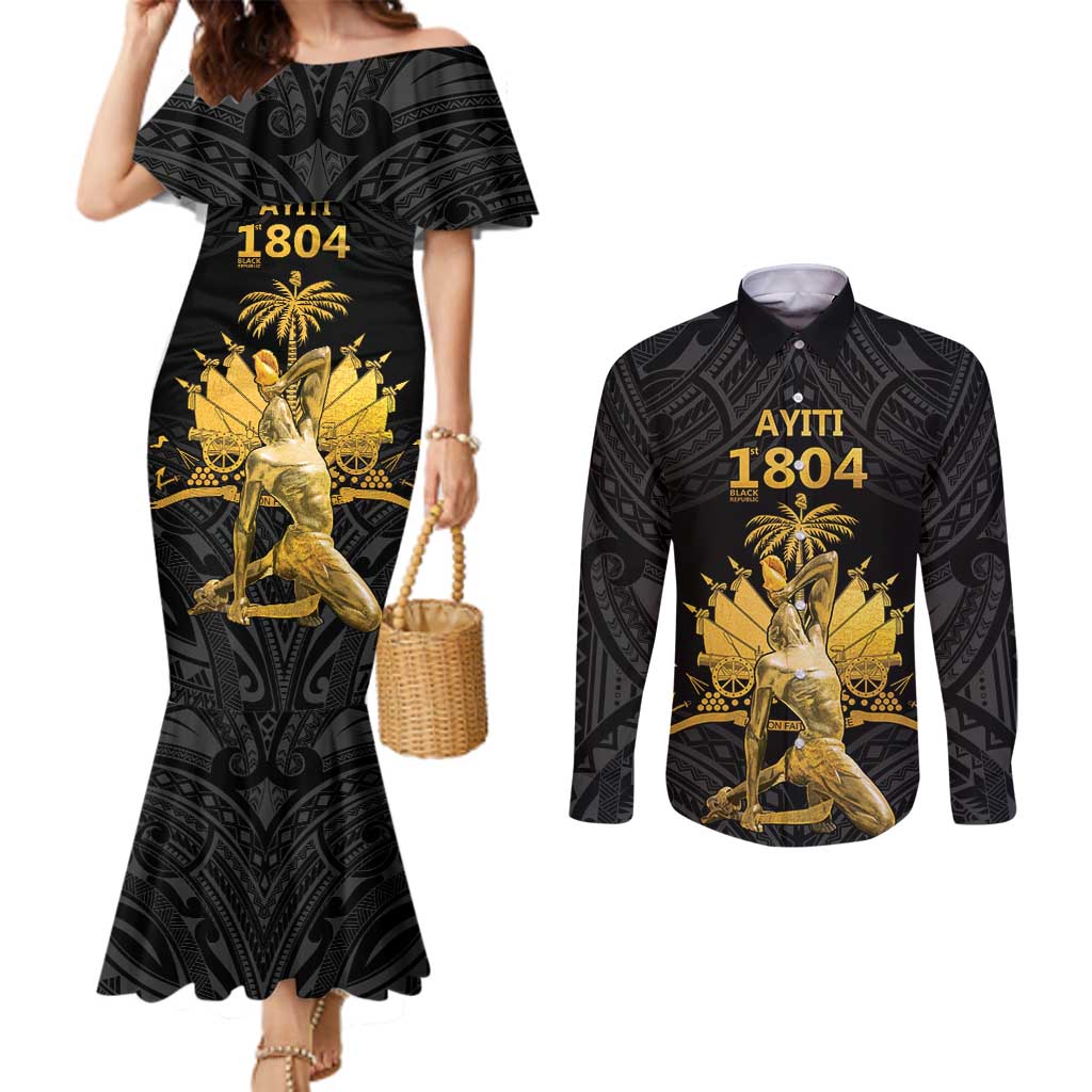 Haitian Negre Marron 1804 Couples Matching Mermaid Dress and Long Sleeve Button Shirt Black Polynesian Pattern LT9 Black - Polynesian Pride