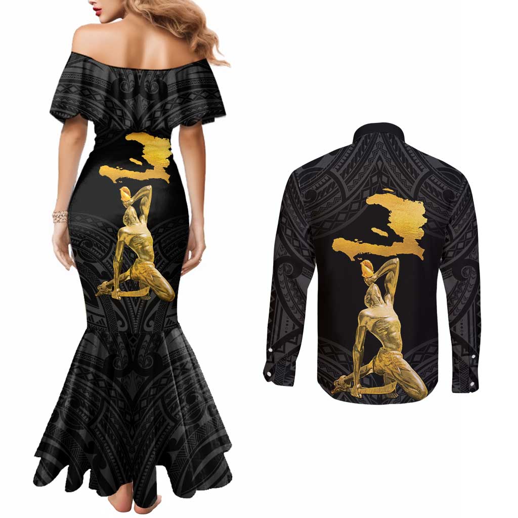 Haitian Negre Marron 1804 Couples Matching Mermaid Dress and Long Sleeve Button Shirt Black Polynesian Pattern LT9 - Polynesian Pride