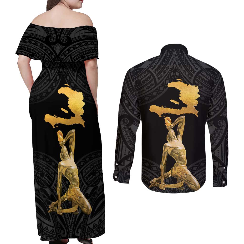 Haitian Negre Marron 1804 Couples Matching Off Shoulder Maxi Dress and Long Sleeve Button Shirt Black Polynesian Pattern LT9 - Polynesian Pride