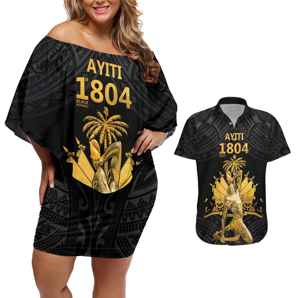 Haitian Negre Marron 1804 Couples Matching Off Shoulder Short Dress and Hawaiian Shirt Black Polynesian Pattern LT9 Black - Polynesian Pride