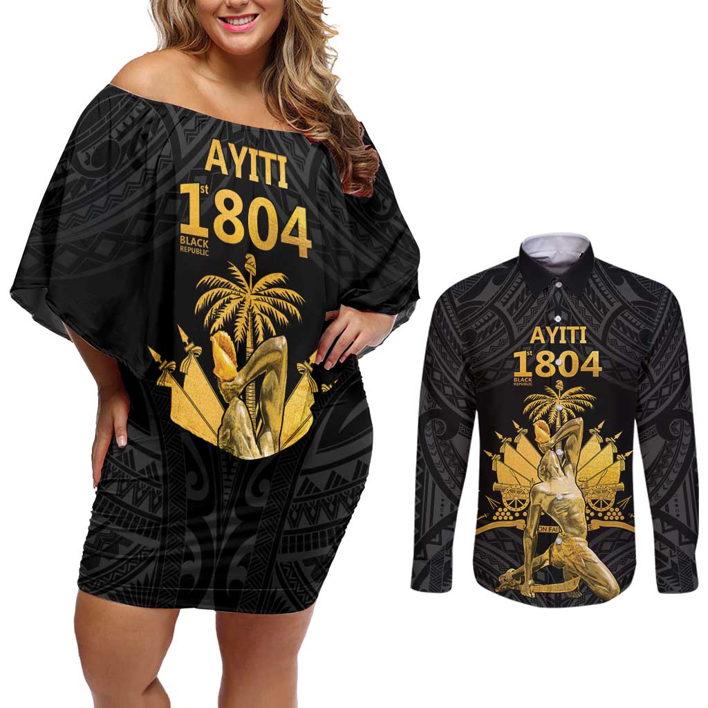 Haitian Negre Marron 1804 Couples Matching Off Shoulder Short Dress and Long Sleeve Button Shirt Black Polynesian Pattern LT9 Black - Polynesian Pride