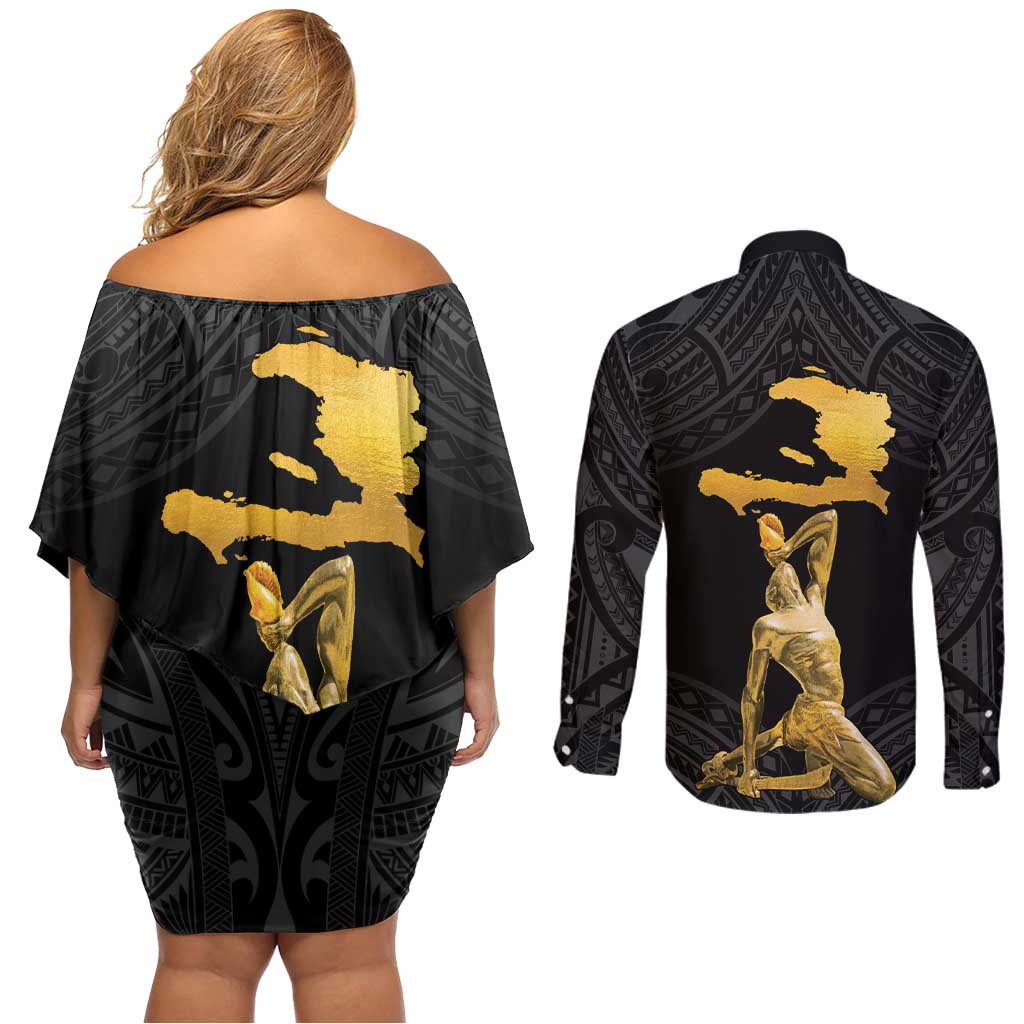 Haitian Negre Marron 1804 Couples Matching Off Shoulder Short Dress and Long Sleeve Button Shirt Black Polynesian Pattern LT9 - Polynesian Pride