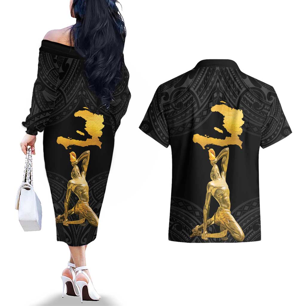 Haitian Negre Marron 1804 Couples Matching Off The Shoulder Long Sleeve Dress and Hawaiian Shirt Black Polynesian Pattern LT9 - Polynesian Pride