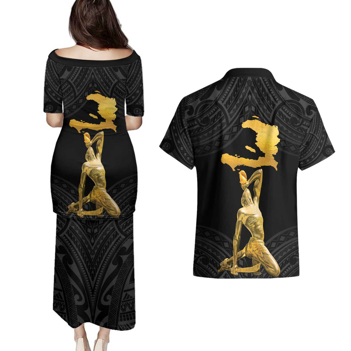 Haitian Negre Marron 1804 Couples Matching Puletasi and Hawaiian Shirt Black Polynesian Pattern LT9 - Polynesian Pride