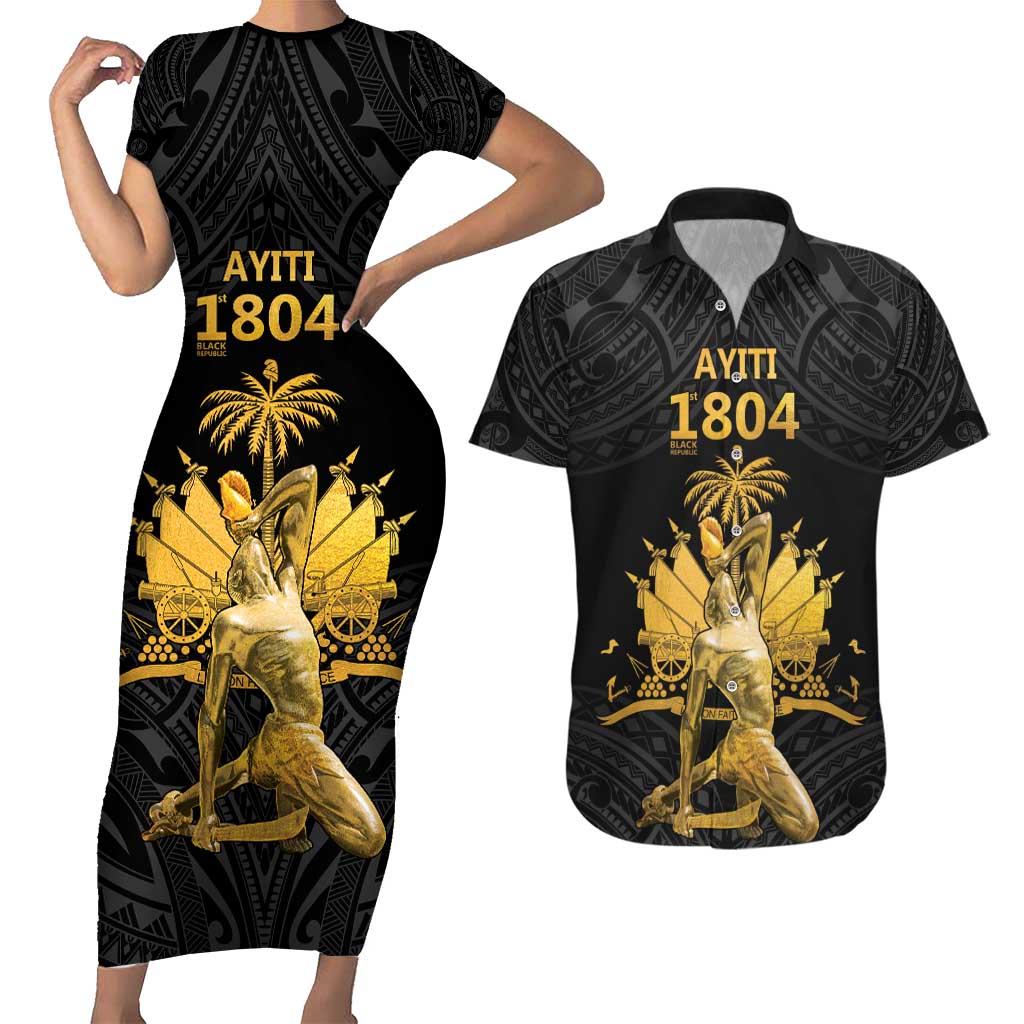 Haitian Negre Marron 1804 Couples Matching Short Sleeve Bodycon Dress and Hawaiian Shirt Black Polynesian Pattern LT9 Black - Polynesian Pride