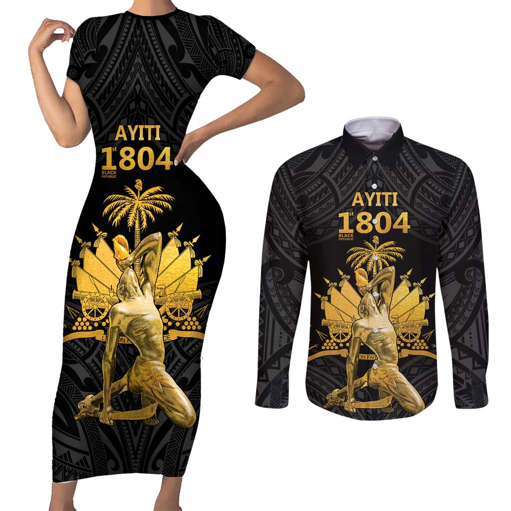 Haitian Negre Marron 1804 Couples Matching Short Sleeve Bodycon Dress and Long Sleeve Button Shirt Black Polynesian Pattern