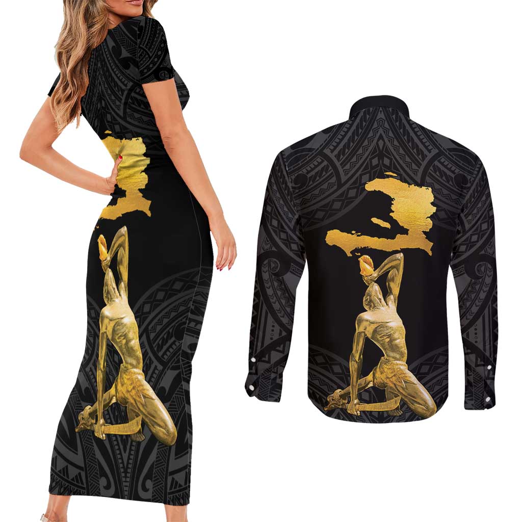 Haitian Negre Marron 1804 Couples Matching Short Sleeve Bodycon Dress and Long Sleeve Button Shirt Black Polynesian Pattern LT9 - Polynesian Pride
