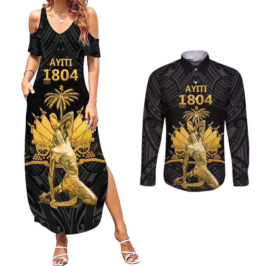 Haitian Negre Marron 1804 Couples Matching Summer Maxi Dress and Long Sleeve Button Shirt Black Polynesian Pattern LT9 Black - Polynesian Pride