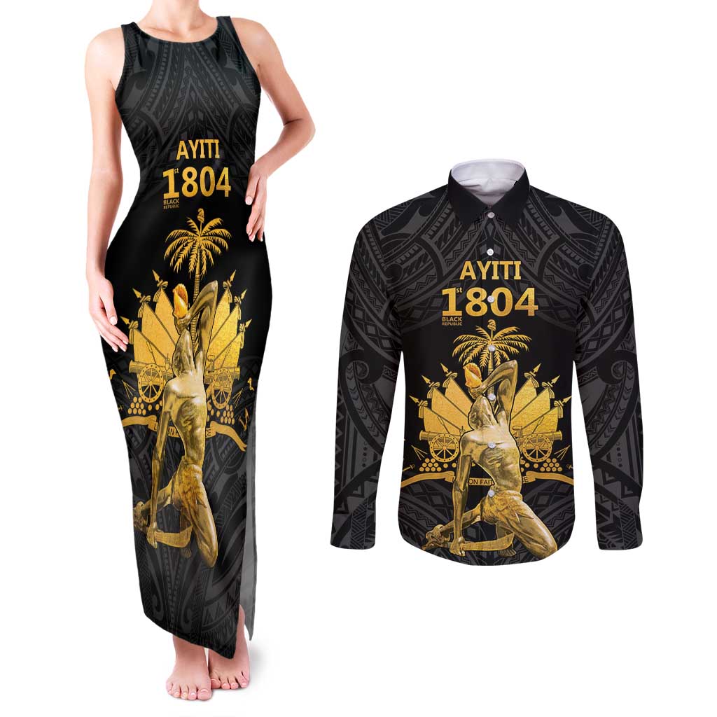 Haitian Negre Marron 1804 Couples Matching Tank Maxi Dress and Long Sleeve Button Shirt Black Polynesian Pattern