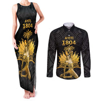 Haitian Negre Marron 1804 Couples Matching Tank Maxi Dress and Long Sleeve Button Shirt Black Polynesian Pattern LT9 Black - Polynesian Pride