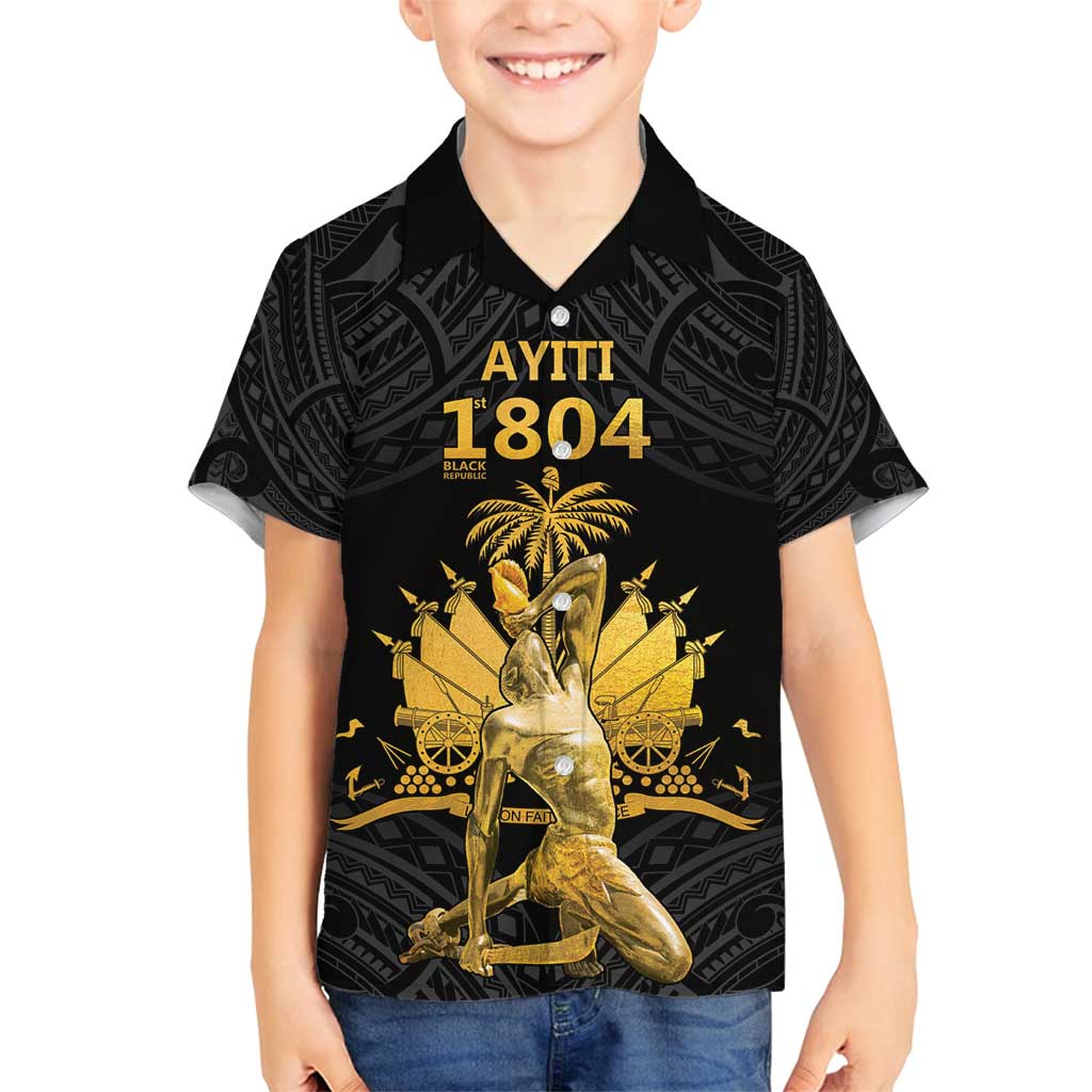 Haitian Negre Marron 1804 Family Matching Long Sleeve Bodycon Dress and Hawaiian Shirt Black Polynesian Pattern